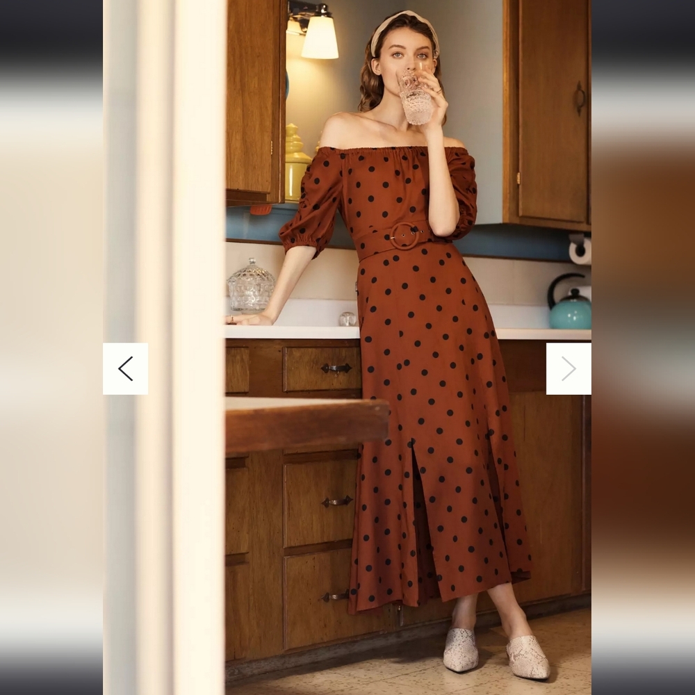 Anthropologie Maeve Lucienne Off Shoulder Polka Dot Linen Blend Maxi Dress Sz4
